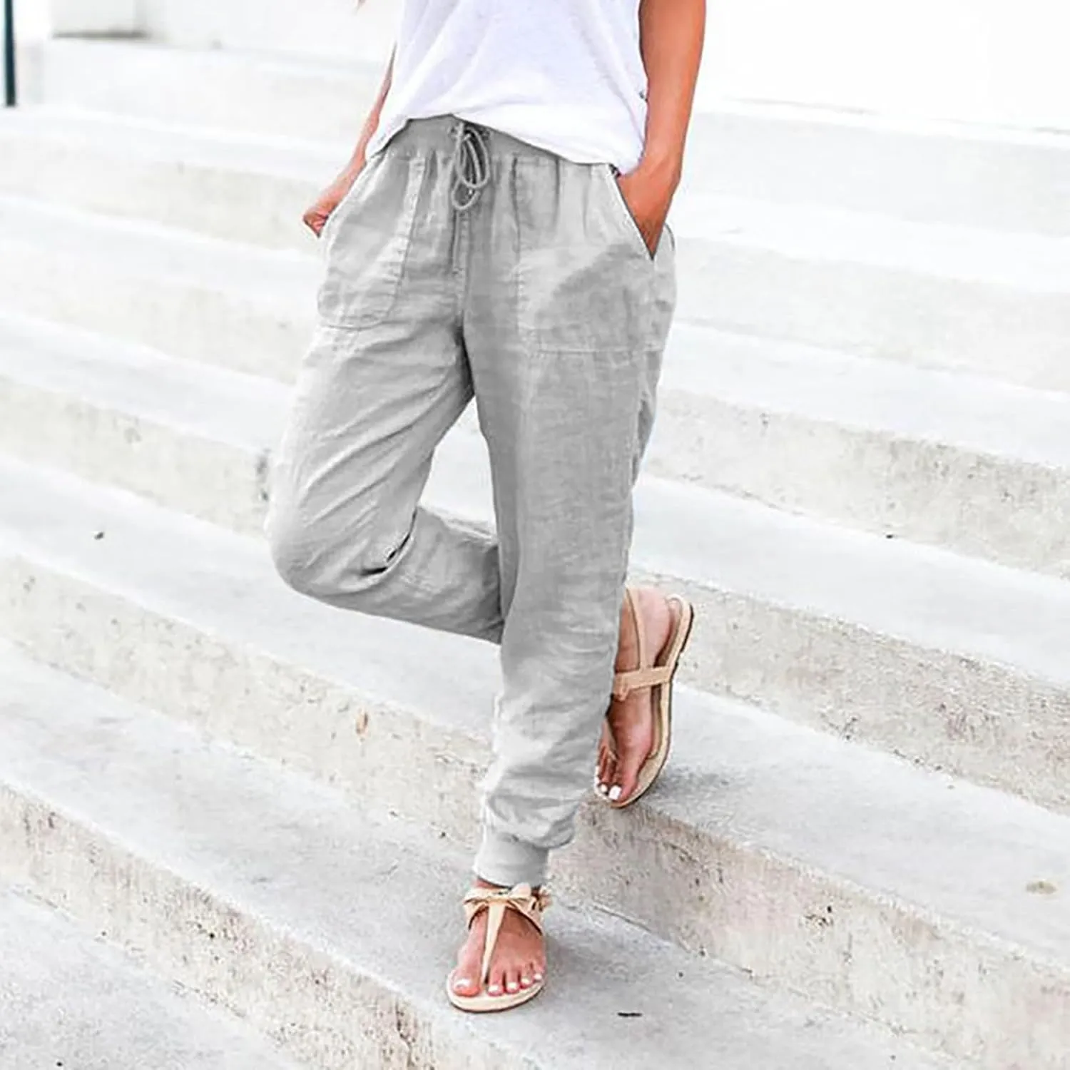 Cotton Linen Pants Women Breathable Comfy Solid Color Palazzo Pants Casual Trendy Elastic Waist Trousers with Pockets