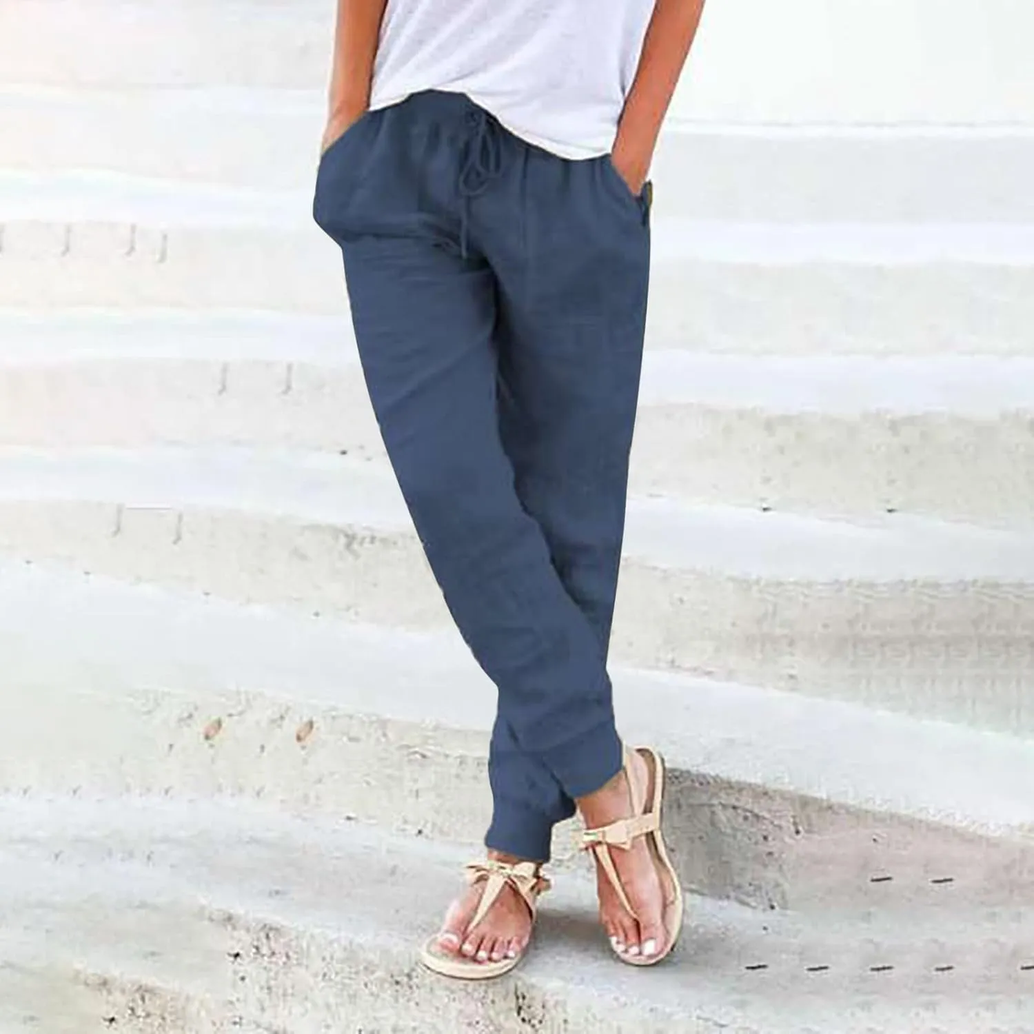 Cotton Linen Pants Women Breathable Comfy Solid Color Palazzo Pants Casual Trendy Elastic Waist Trousers with Pockets