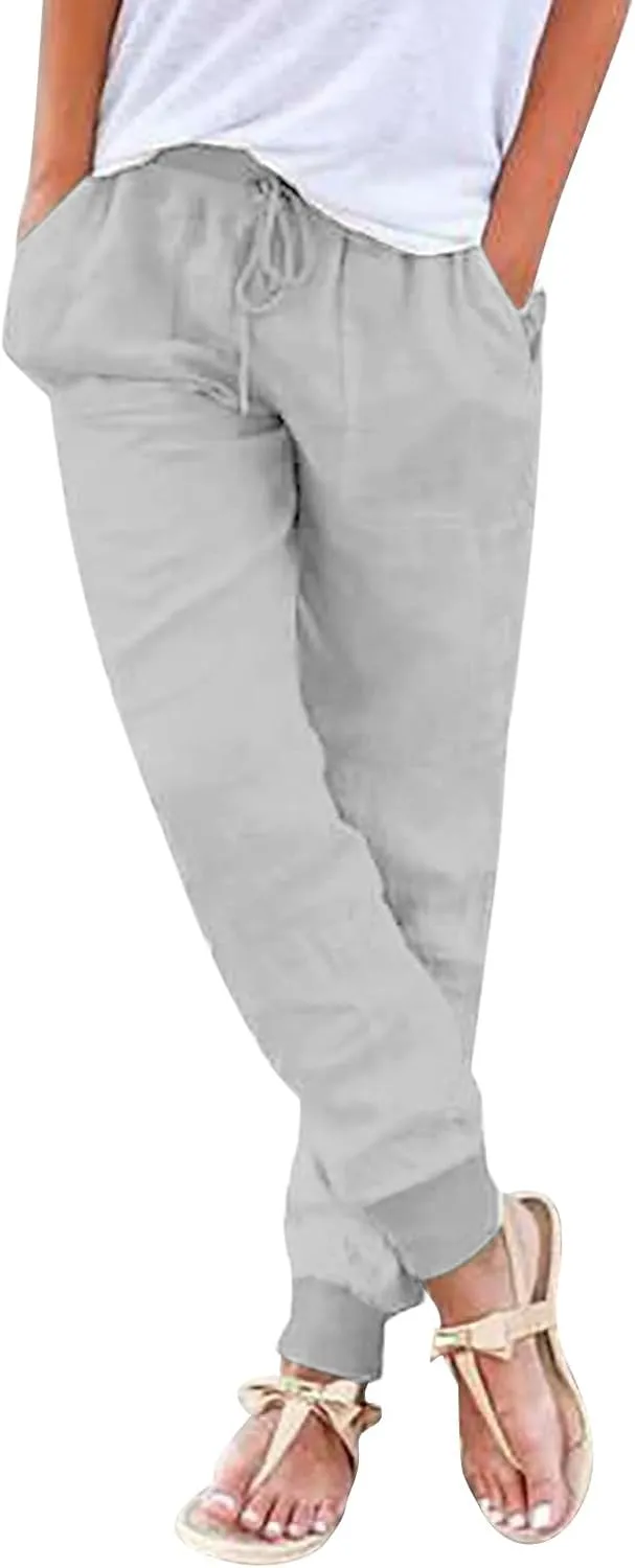Cotton Linen Pants Women Breathable Comfy Solid Color Palazzo Pants Casual Trendy Elastic Waist Trousers with Pockets