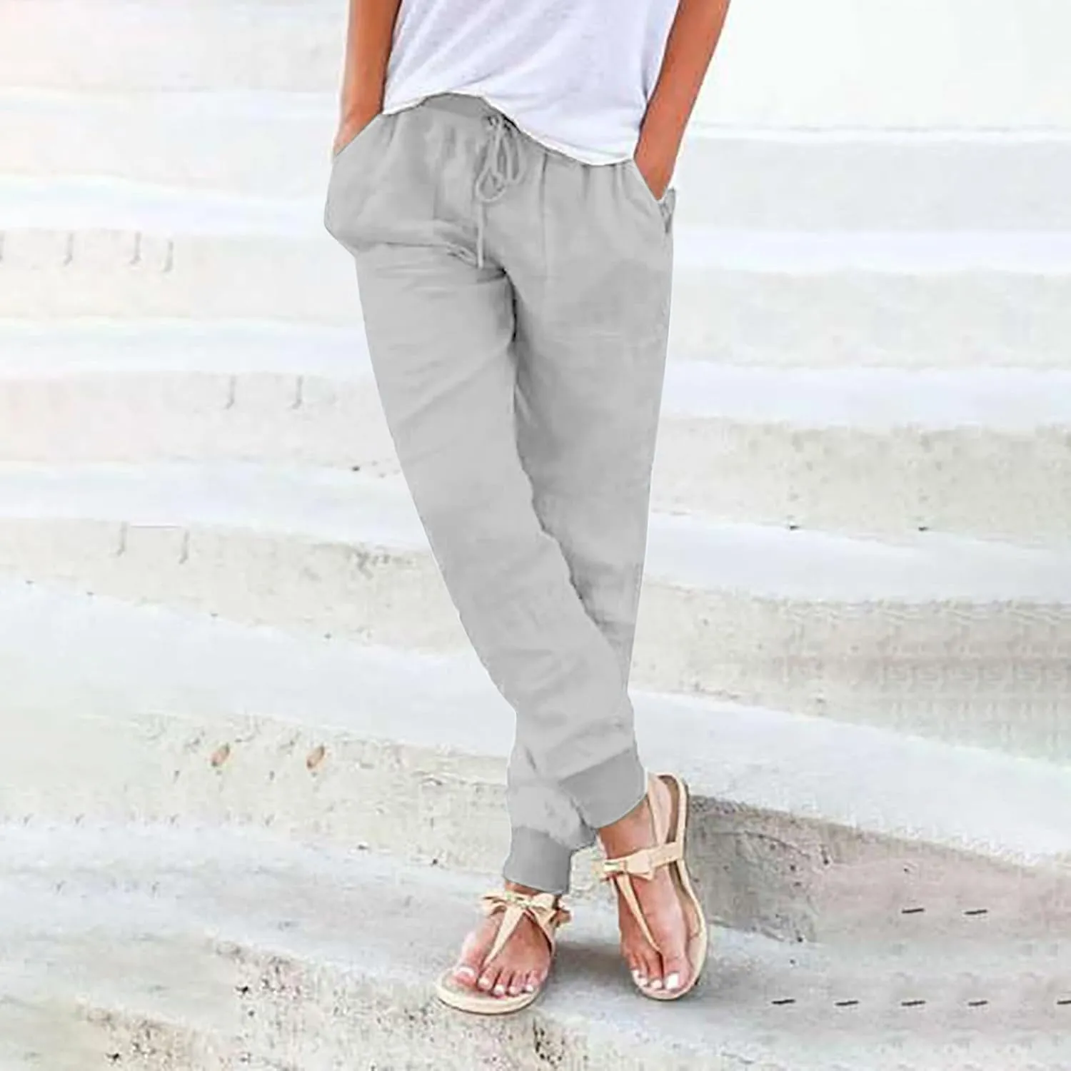 Cotton Linen Pants Women Breathable Comfy Solid Color Palazzo Pants Casual Trendy Elastic Waist Trousers with Pockets