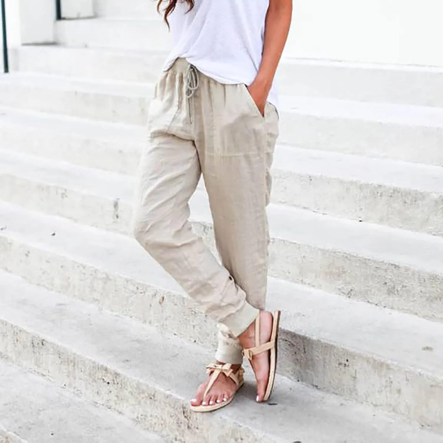 Cotton Linen Pants Women Breathable Comfy Solid Color Palazzo Pants Casual Trendy Elastic Waist Trousers with Pockets