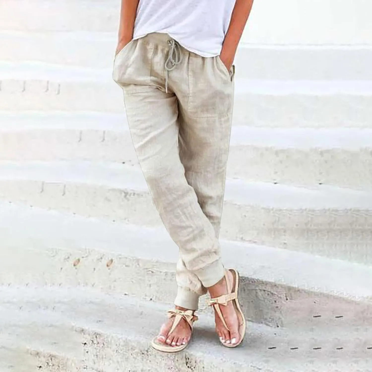 Cotton Linen Pants Women Breathable Comfy Solid Color Palazzo Pants Casual Trendy Elastic Waist Trousers with Pockets
