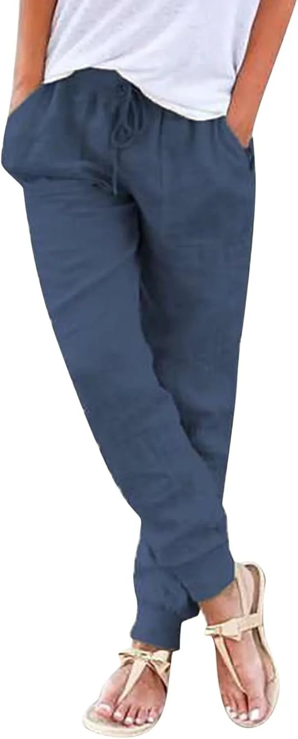 Cotton Linen Pants Women Breathable Comfy Solid Color Palazzo Pants Casual Trendy Elastic Waist Trousers with Pockets