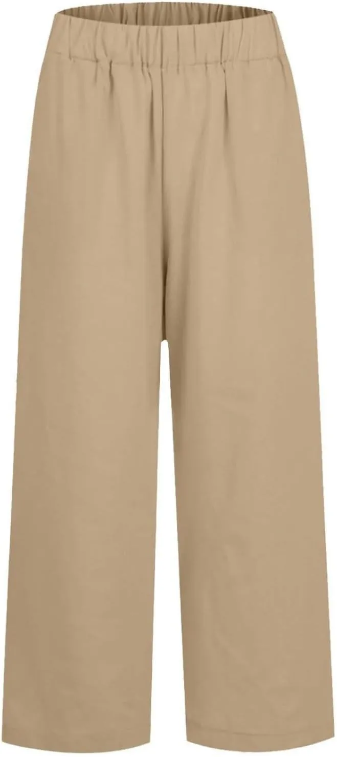 Cotton Linen Pants Women High Waist Straight Leg Loose Lounge Pants Solid Baggy Lightweight Pant with Side Pockets