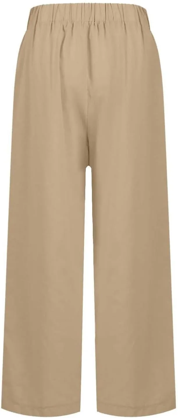 Cotton Linen Pants Women High Waist Straight Leg Loose Lounge Pants Solid Baggy Lightweight Pant with Side Pockets