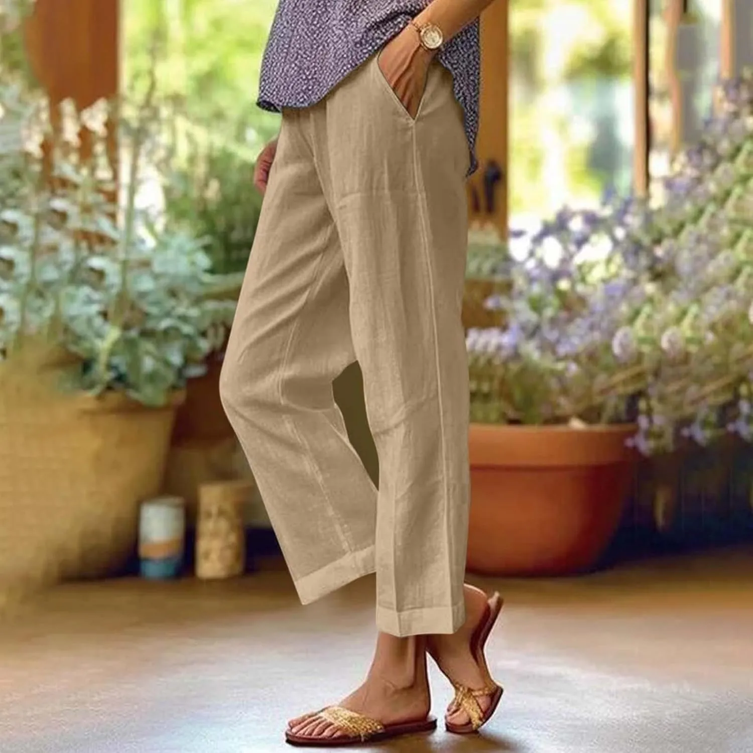 Cotton Linen Pants Women High Waist Straight Leg Loose Lounge Pants Solid Baggy Lightweight Pant with Side Pockets