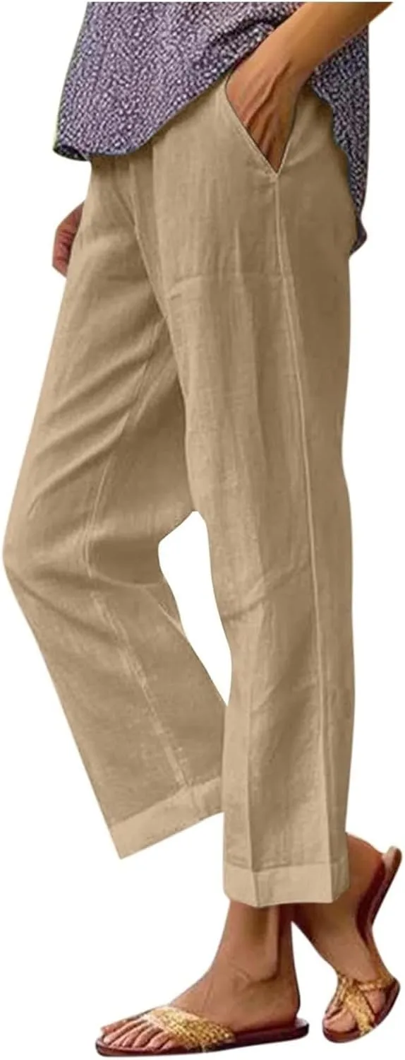 Cotton Linen Pants Women High Waist Straight Leg Loose Lounge Pants Solid Baggy Lightweight Pant with Side Pockets