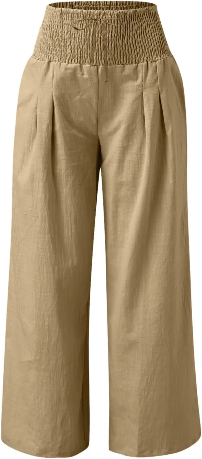Cotton Linen Pants Women Long Wide Leg Bow Smocked Waist Baggy Pants Lightweight Trendy Beach Vacation Casual Slacks
