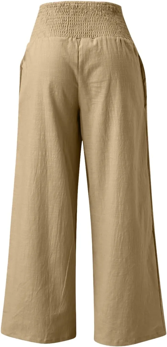 Cotton Linen Pants Women Long Wide Leg Bow Smocked Waist Baggy Pants Lightweight Trendy Beach Vacation Casual Slacks