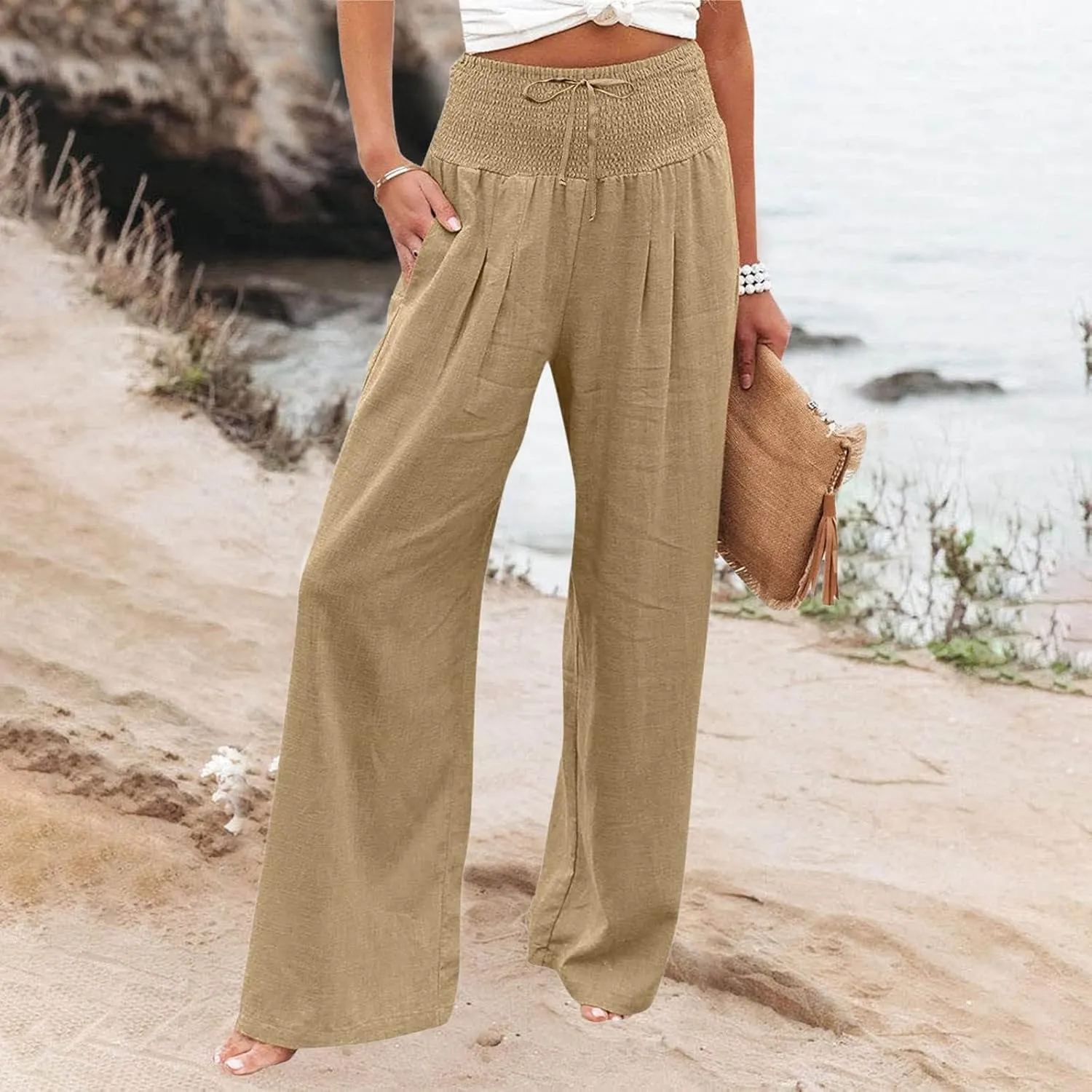 Cotton Linen Pants Women Long Wide Leg Bow Smocked Waist Baggy Pants Lightweight Trendy Beach Vacation Casual Slacks