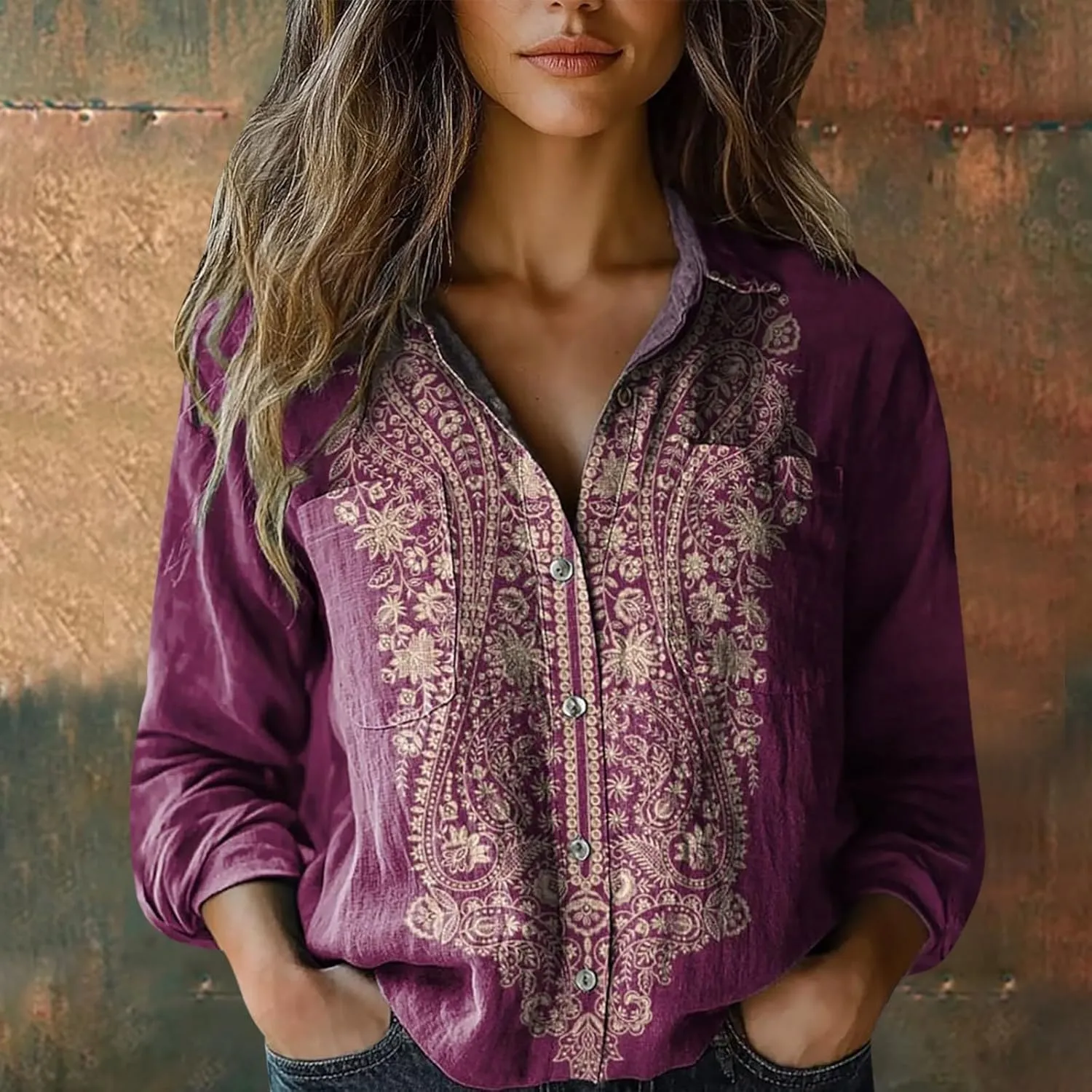 Cotton Linen Tops for Women 2025 Floral Printed V Neck Long Sleeve Blouse Collared Boho Shirt Casual Tops with