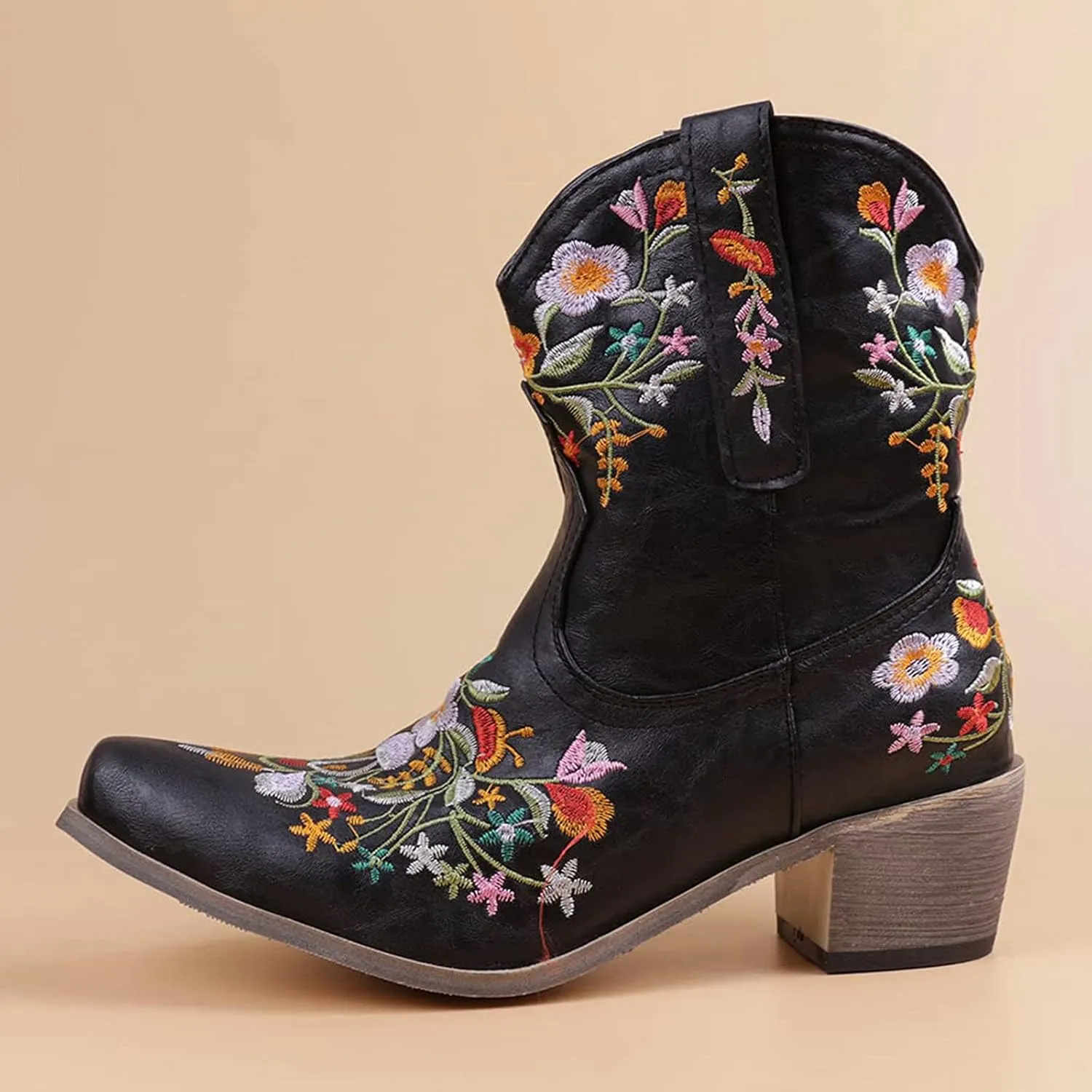Cowboy Boots for Women Cowgirl Boots Wide Calf Chunky Heel Low Heel Pointed Toe Fashion Embroidered Pull on Boots