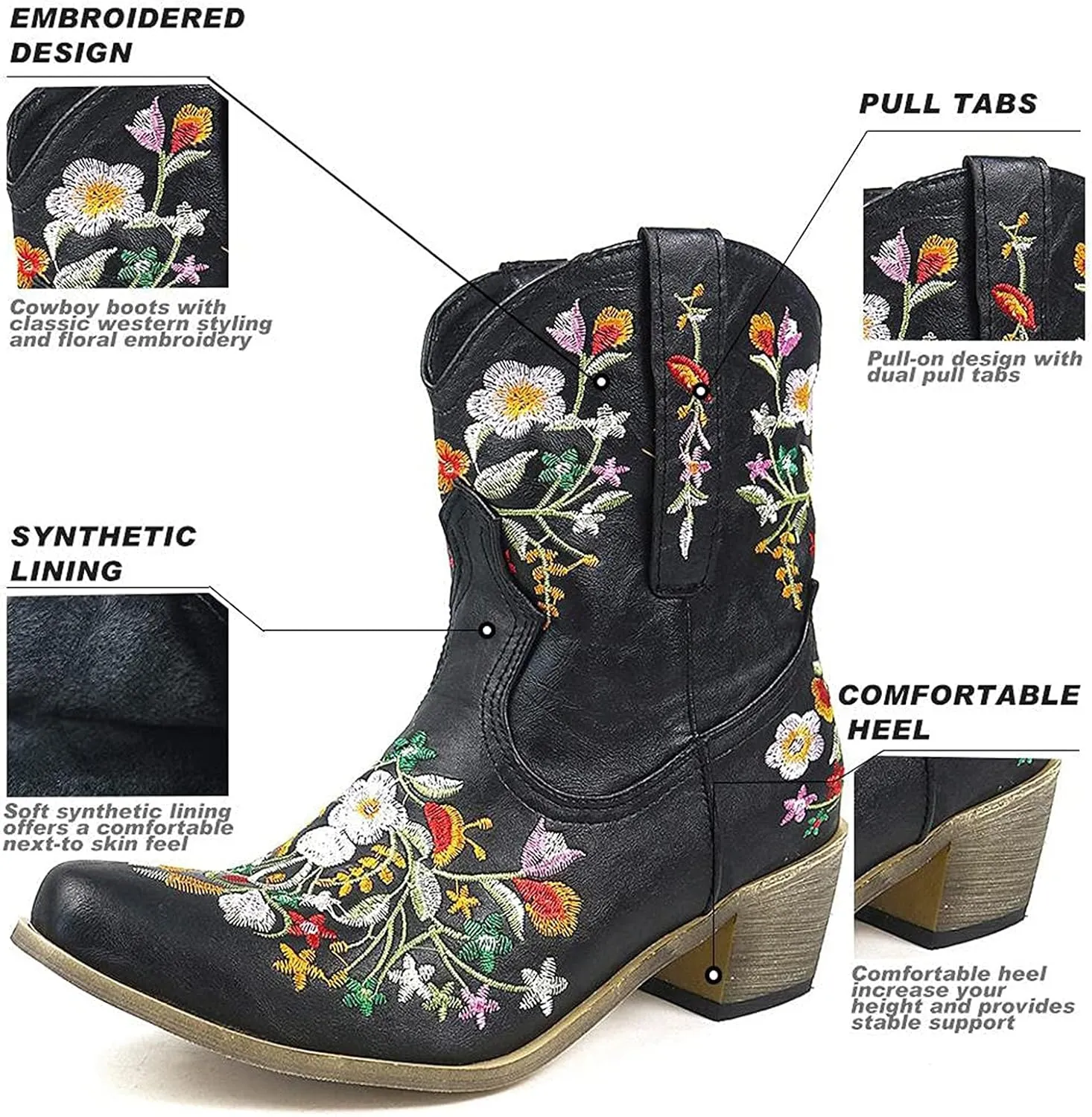 Cowboy Boots for Women Cowgirl Boots Wide Calf Chunky Heel Low Heel Pointed Toe Fashion Embroidered Pull on Boots