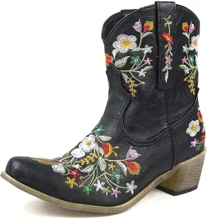 Cowboy Boots for Women Cowgirl Boots Wide Calf Chunky Heel Low Heel Pointed Toe Fashion Embroidered Pull on Boots