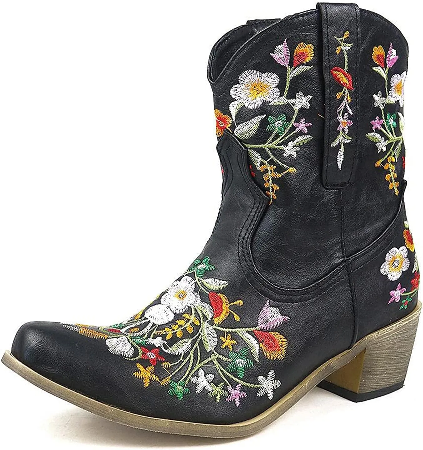 Cowboy Boots for Women Cowgirl Boots Wide Calf Chunky Heel Low Heel Pointed Toe Fashion Embroidered Pull on Boots