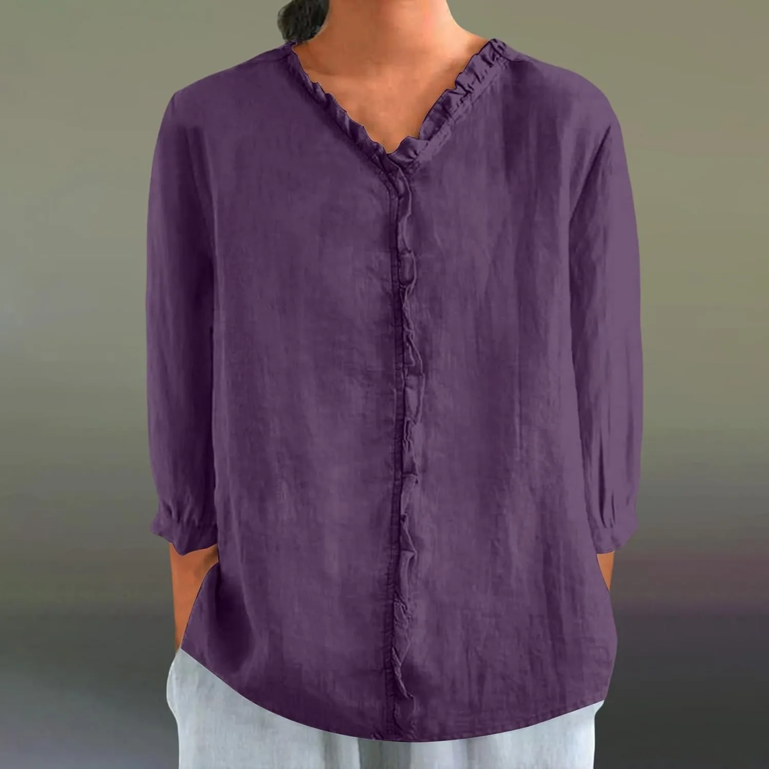 Cute Linen Shirts for Women Lapel Collared 3/4 Sleeve Print Tunic Blouses Casual Loose 2025 T-Shirt Tops for Summer