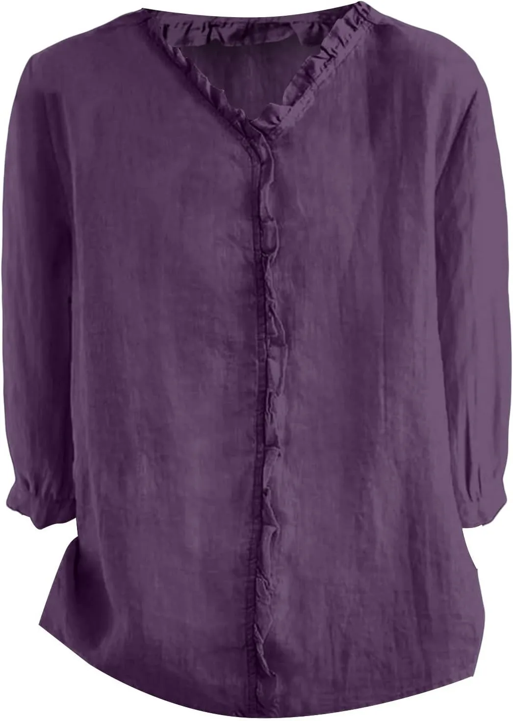 Cute Linen Shirts for Women Lapel Collared 3/4 Sleeve Print Tunic Blouses Casual Loose 2025 T-Shirt Tops for Summer