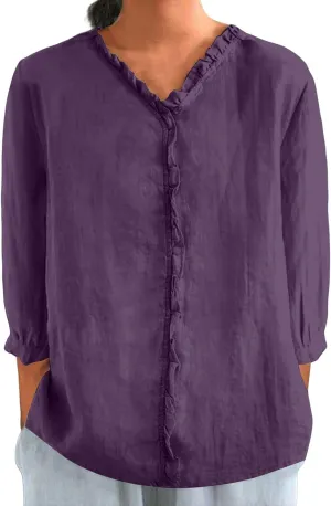 Cute Linen Shirts for Women Lapel Collared 3/4 Sleeve Print Tunic Blouses Casual Loose 2025 T-Shirt Tops for Summer