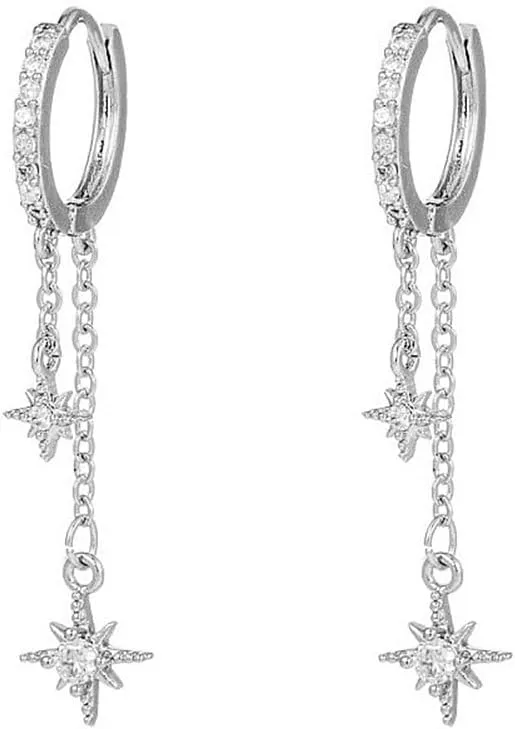 Dainty Double Star CZ Chain Dangle Drop Hoop Earrings for Women Cute Silver Plated Cubic Zirconia Statement Dangling Cartilage Huggie Hoops Hypoallergenic Fashion Jewelry