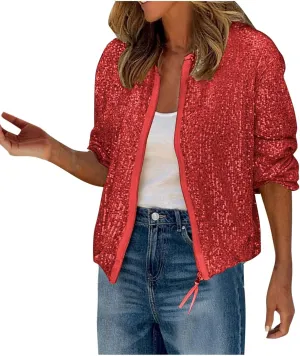 DDAPJ pyju Womens Sequin Jacket Shiny Glitter Sparkly Bomber Jackets Long Sleeve Zip Up Coats 2025 Fashion Party Clubwear