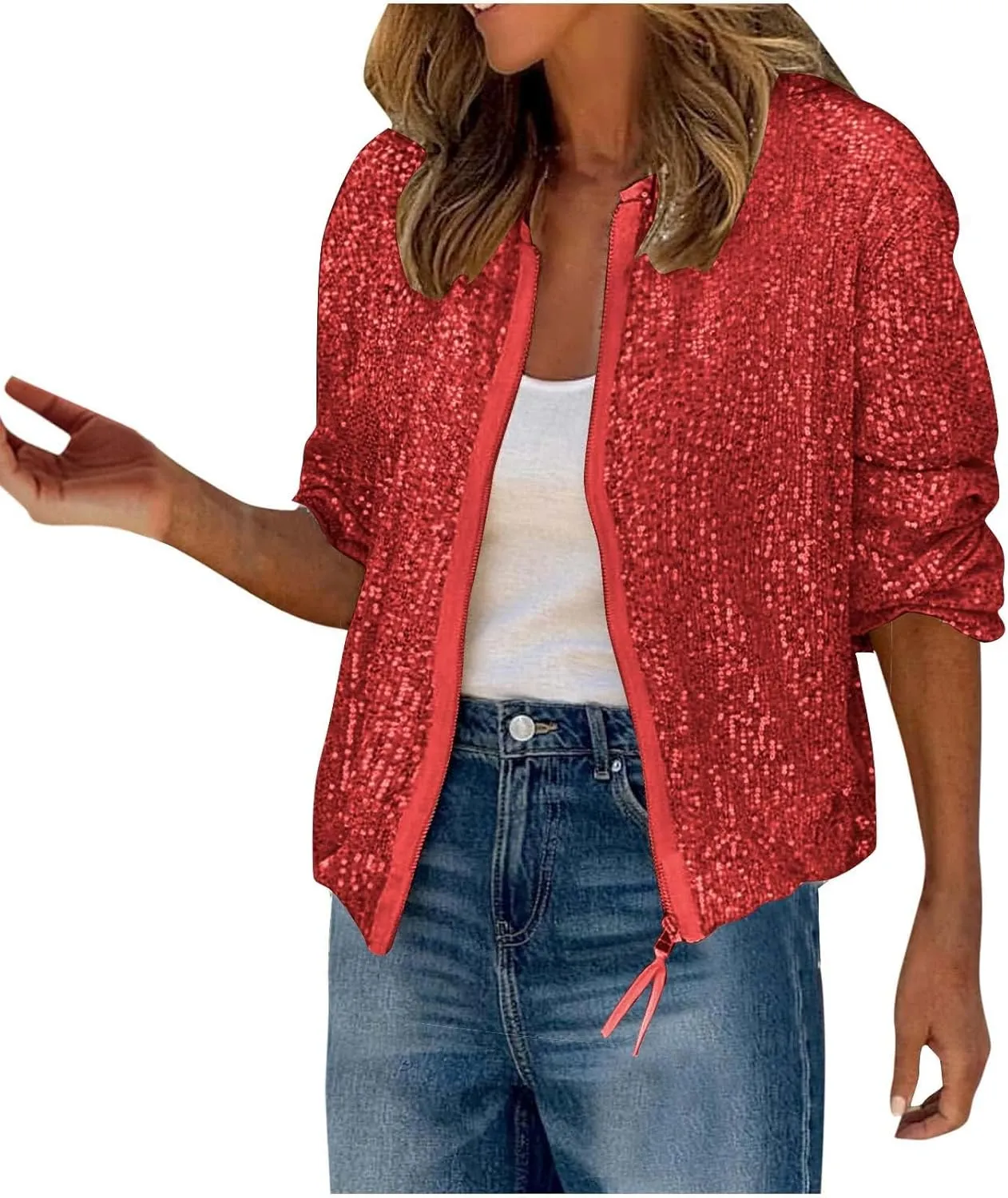 DDAPJ pyju Womens Sequin Jacket Shiny Glitter Sparkly Bomber Jackets Long Sleeve Zip Up Coats 2025 Fashion Party Clubwear