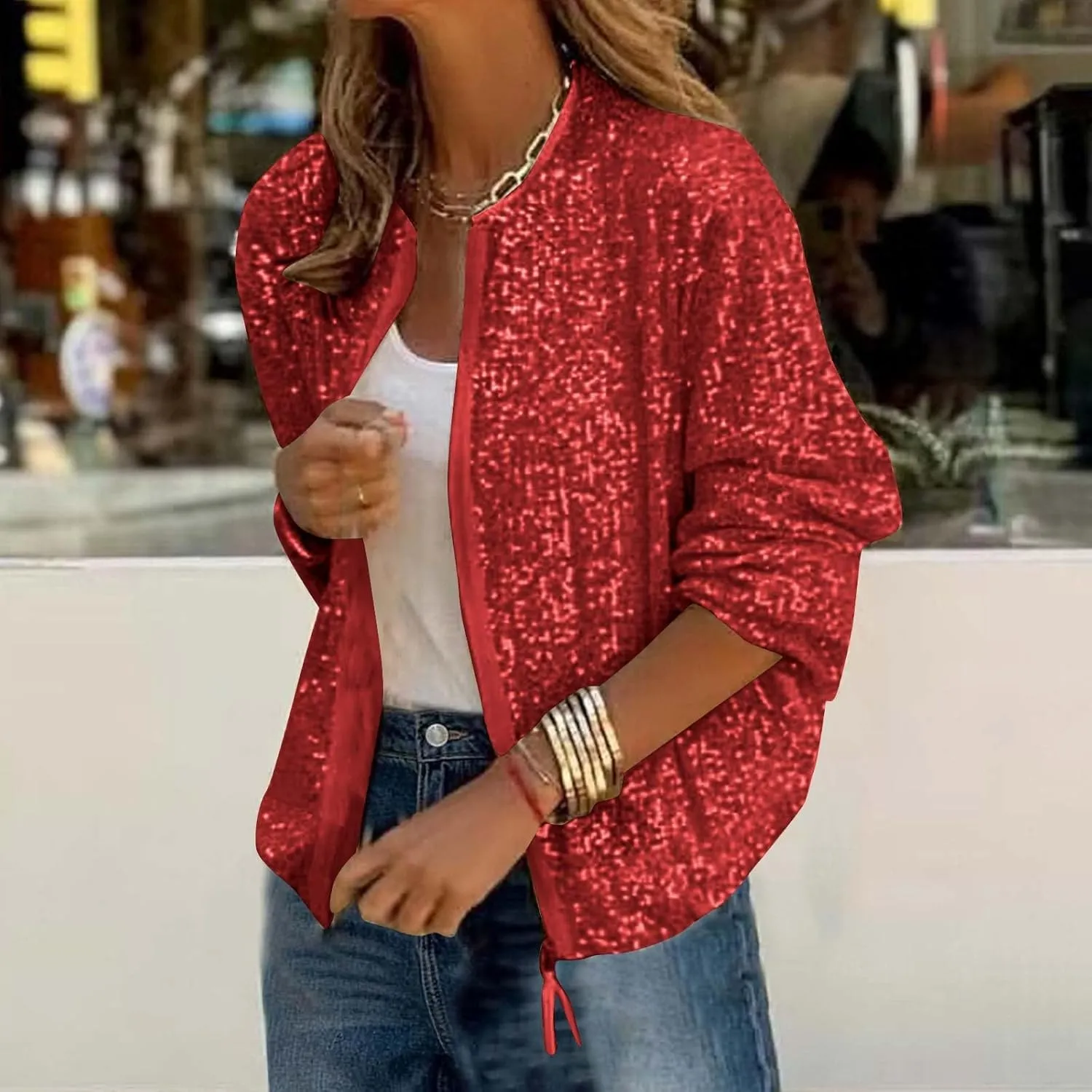 DDAPJ pyju Womens Sequin Jacket Shiny Glitter Sparkly Bomber Jackets Long Sleeve Zip Up Coats 2025 Fashion Party Clubwear