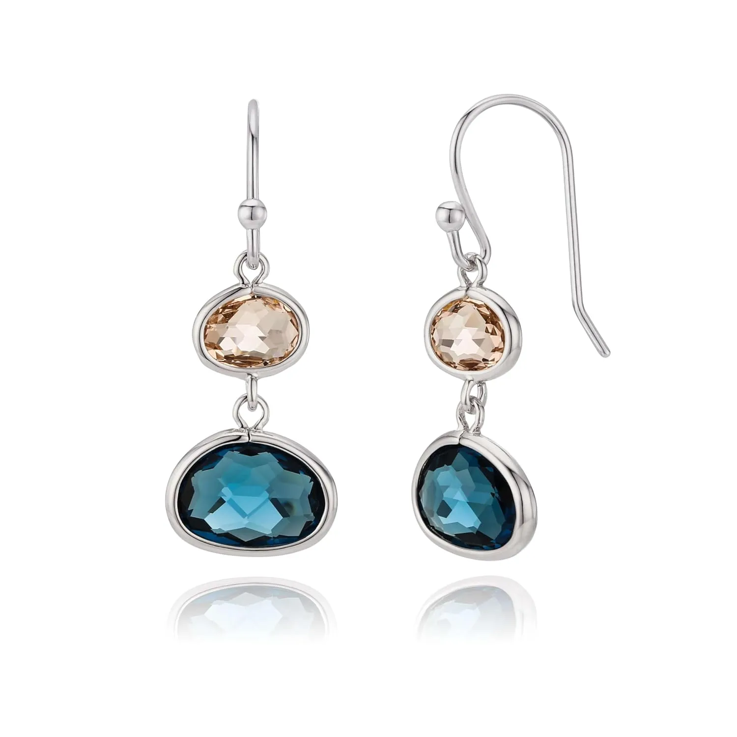 Delicate Navy Blue Simulated Sapphire & Champagne Topaz Dangle Earrings - Handmade, Lightweight, Hypoallergenic Silver-Plated Drops for Everyday Wear, with Birthstone Crystal Accents