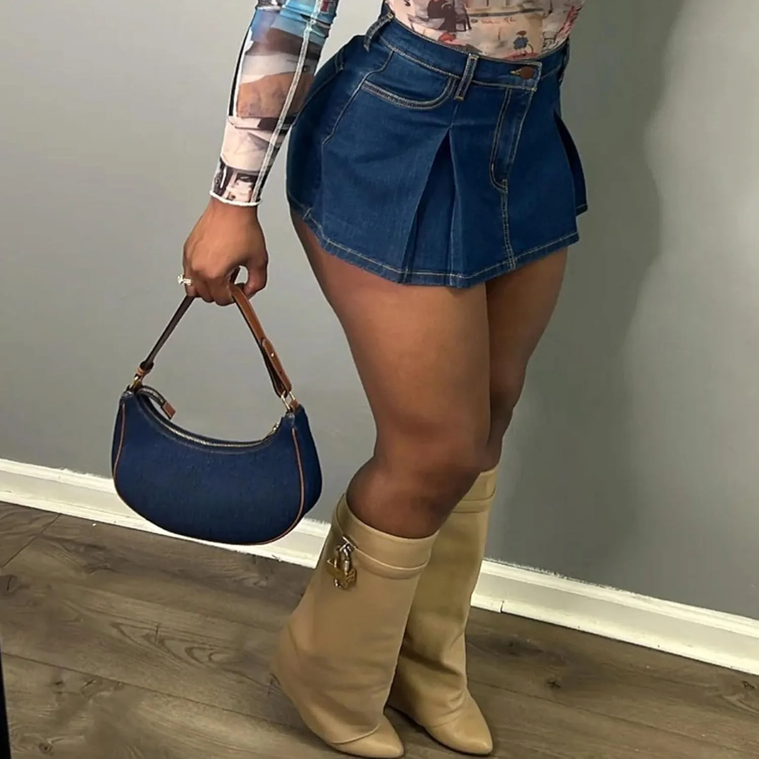 Denim Skort for Women Casual Pleated High Waisted Mini Skirts Shorts Jeans Stretchy Raw Hem Shorts