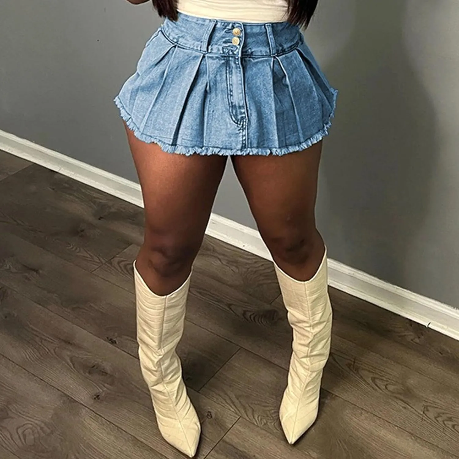 Denim Skort for Women Casual Pleated High Waisted Mini Skirts Shorts Jeans Stretchy Raw Hem Shorts