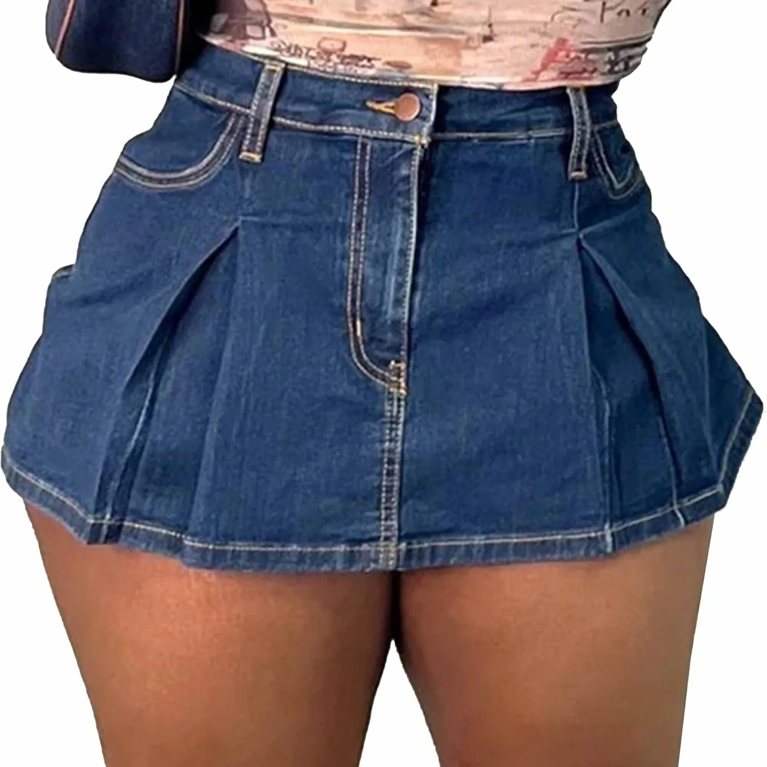 Denim Skort for Women Casual Pleated High Waisted Mini Skirts Shorts Jeans Stretchy Raw Hem Shorts