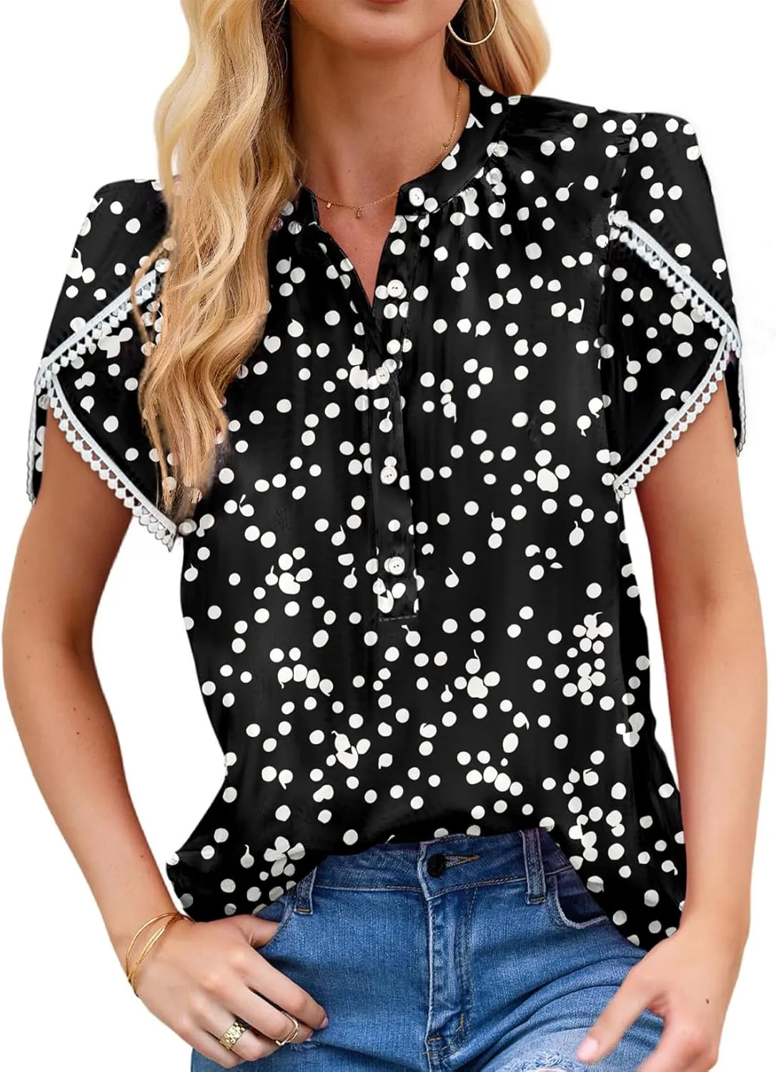 Dokotoo Womens Tops Summer Casual Boho Floral Print Short Sleeve Half Button Down V Neck Chiffon Blouses Shirts
