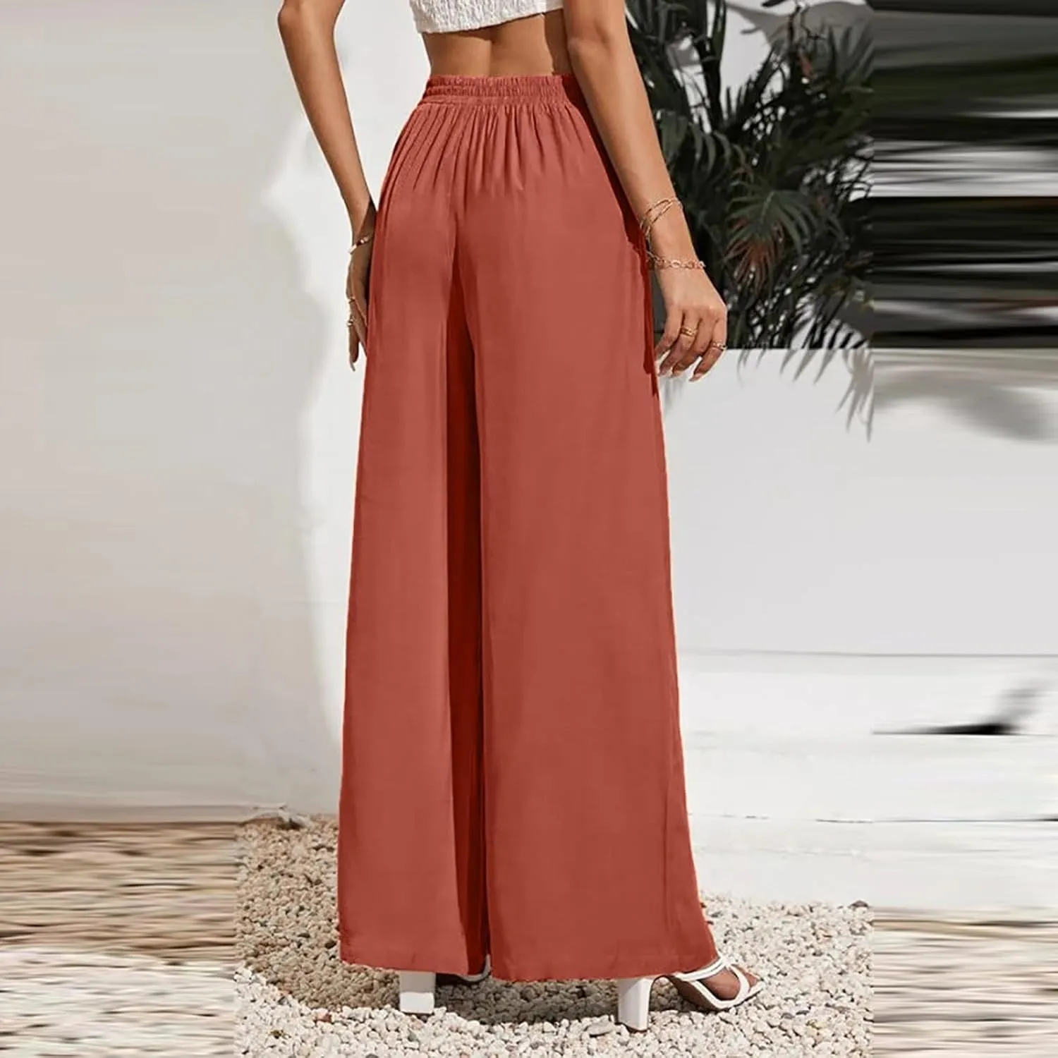 Drawstring Linen Pants Women Summer Loose Fit Palazzo Solid Color Flowy Wide Leg Vacation Beach Trousers with Pockets