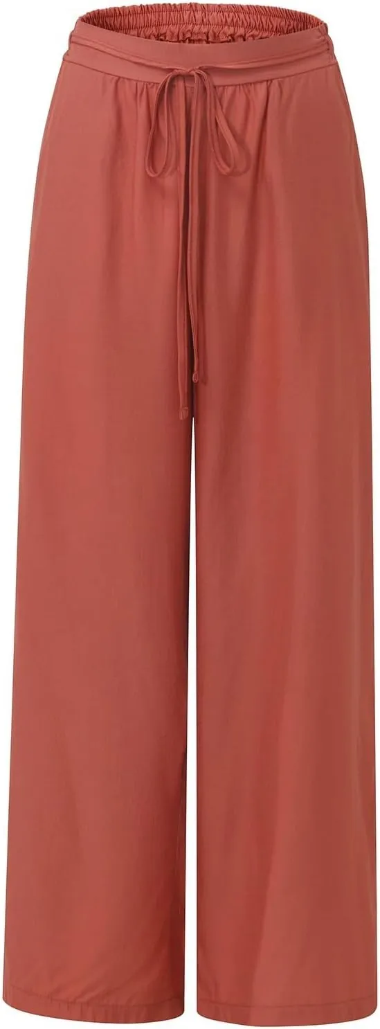 Drawstring Linen Pants Women Summer Loose Fit Palazzo Solid Color Flowy Wide Leg Vacation Beach Trousers with Pockets