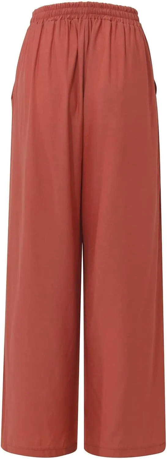 Drawstring Linen Pants Women Summer Loose Fit Palazzo Solid Color Flowy Wide Leg Vacation Beach Trousers with Pockets