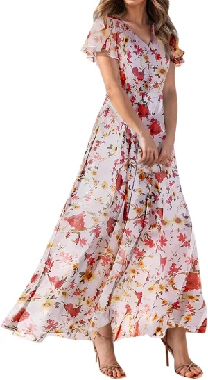 Dresses for Church Women 2025 Maxi Dress Summer Wrap Floral Ruffle Sleeve Chiffon Wedding Dress Boho