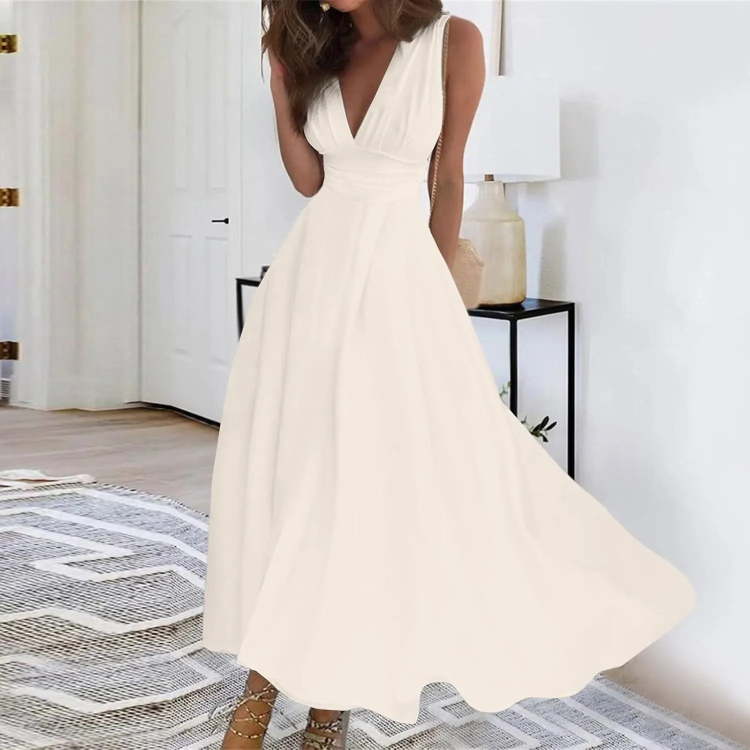 Dresses for Women 2025 Sleeveless Floral Print Sundress Wrap V Neck Flowy Ruched Boho Dress High Waist Maxi Dress