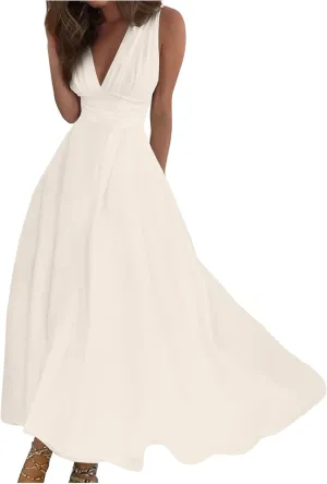 Dresses for Women 2025 Sleeveless Floral Print Sundress Wrap V Neck Flowy Ruched Boho Dress High Waist Maxi Dress