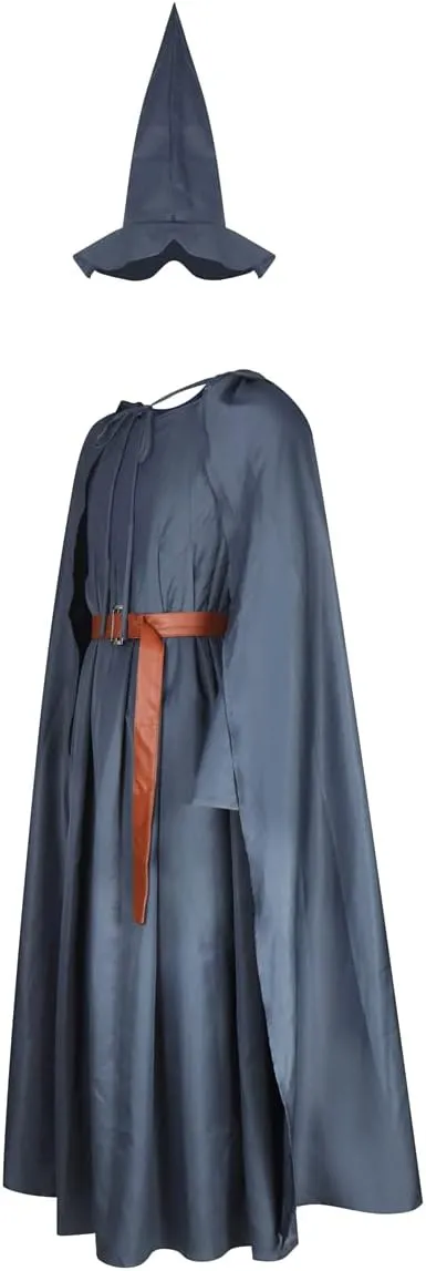 EDAUWAE Wizard Costume Pagan Tunic Costume Wizard Cloak Cosplay Grey Robe Hat Full Set Outfits for Adult