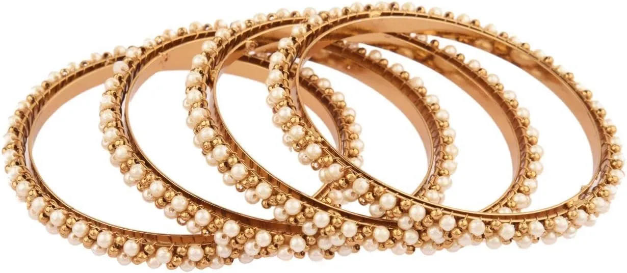 Efulgenz Faux Pearl Bangles Indian Bangle Set for Women Indian Metal Balls Beaded Bangles Bracelet Indian Bridal Jewelry for Wedding Bollywood Fashion Jewelry