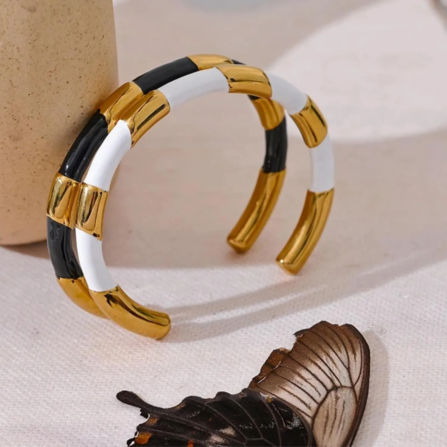 Enamel Metal Stainless Steel Cuff Open Hand Bangles Bracelet for Women Wrist Jewelry