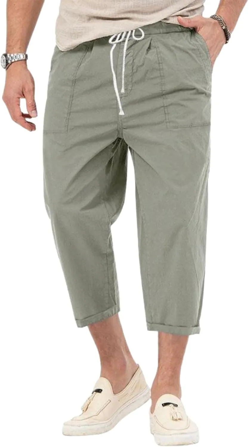 evzosrz Mens Capri Pants Cargo Shorts 3/4 Capri Long Shorts Twill Elastic Below Knee Drawstring Elastic Beach Yoga Pants