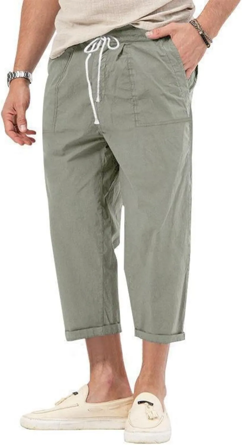 evzosrz Mens Capri Pants Cargo Shorts 3/4 Capri Long Shorts Twill Elastic Below Knee Drawstring Elastic Beach Yoga Pants