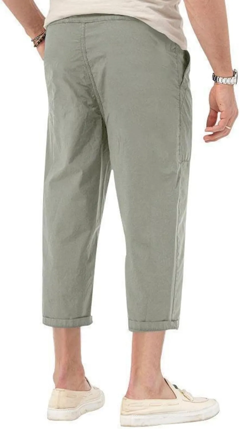 evzosrz Mens Capri Pants Cargo Shorts 3/4 Capri Long Shorts Twill Elastic Below Knee Drawstring Elastic Beach Yoga Pants