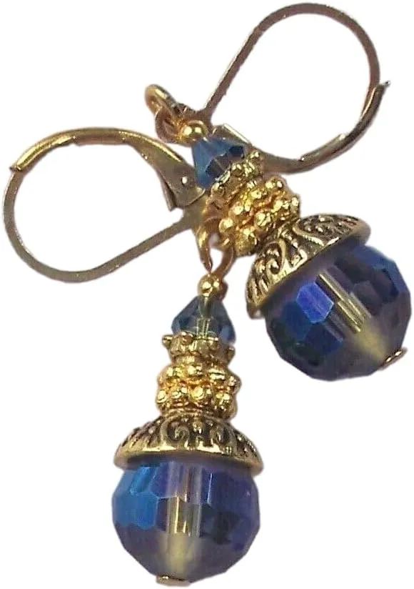 Faceted Half Coat Frosted Drops Hand Montana Blue Gold Plated Artisan Earrings Jewelry Handmade Dangle Leverback Vintage Crafted For Women