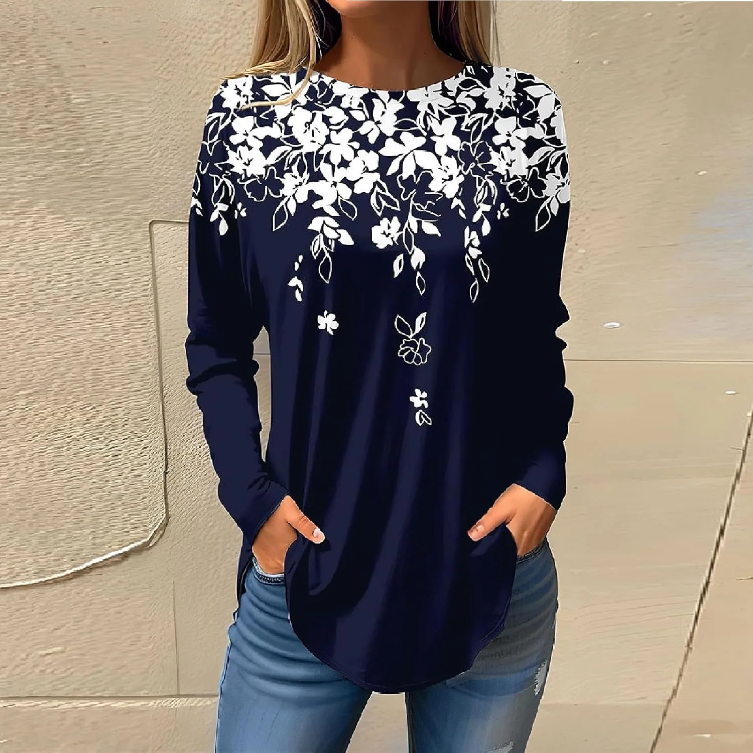 Fall Outfits for Women Solid Long Sleeve Outfits Round Neck Hide Belly Pullover Tops Casual Loose T Shirt