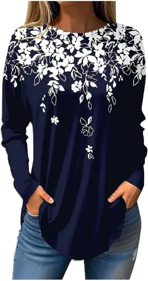 Fall Outfits for Women Solid Long Sleeve Outfits Round Neck Hide Belly Pullover Tops Casual Loose T Shirt
