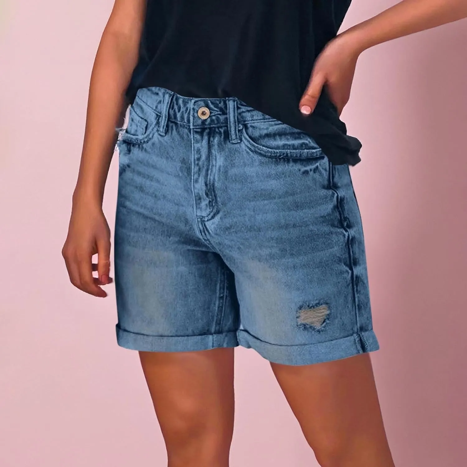 Fashion Denim Shorts for Women High Waisted Folded Hem Ripped Short Jean Button Front Relaxed Fit Bottoms with Pocket
