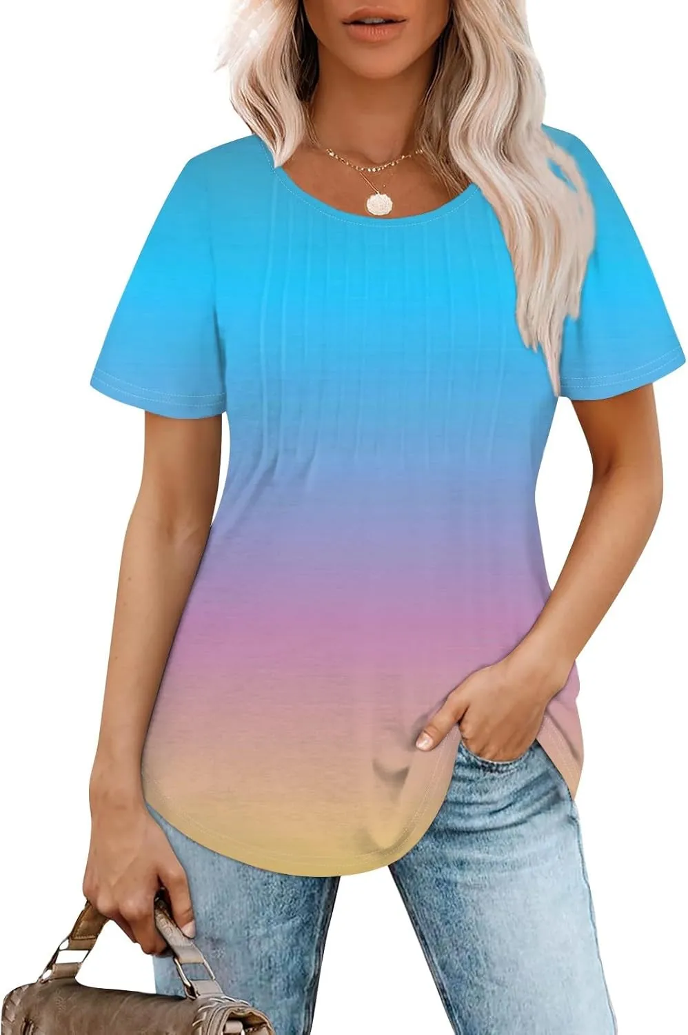 Fashion Womens Tops Dressy Tee Shirts Short Sleeve Pleated Dressy Casual Scoop Neck Summer Tops Blouses