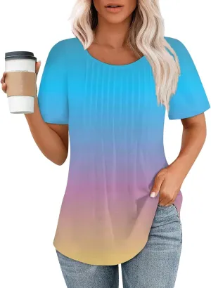 Fashion Womens Tops Dressy Tee Shirts Short Sleeve Pleated Dressy Casual Scoop Neck Summer Tops Blouses
