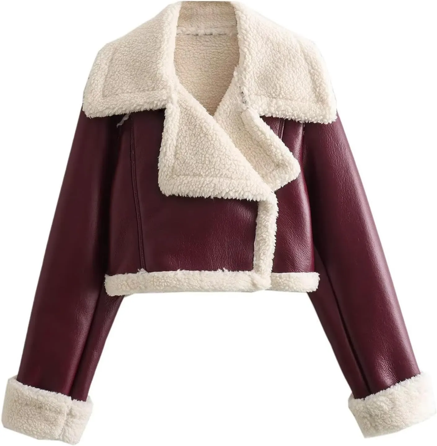 Faux Leather Jacket for Women Cropped Sherpa Lined Jacket Coat Faux Shearing Fur Warm Coat Thicken Fleece Lined Parka